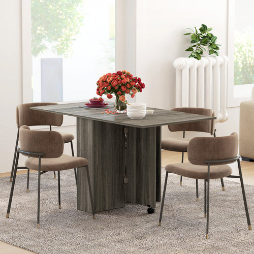 Extendable Dining Table, Collapsible Folding Table w/ 2-tier Shelves and Rolling Casters, Grey Wood Grain