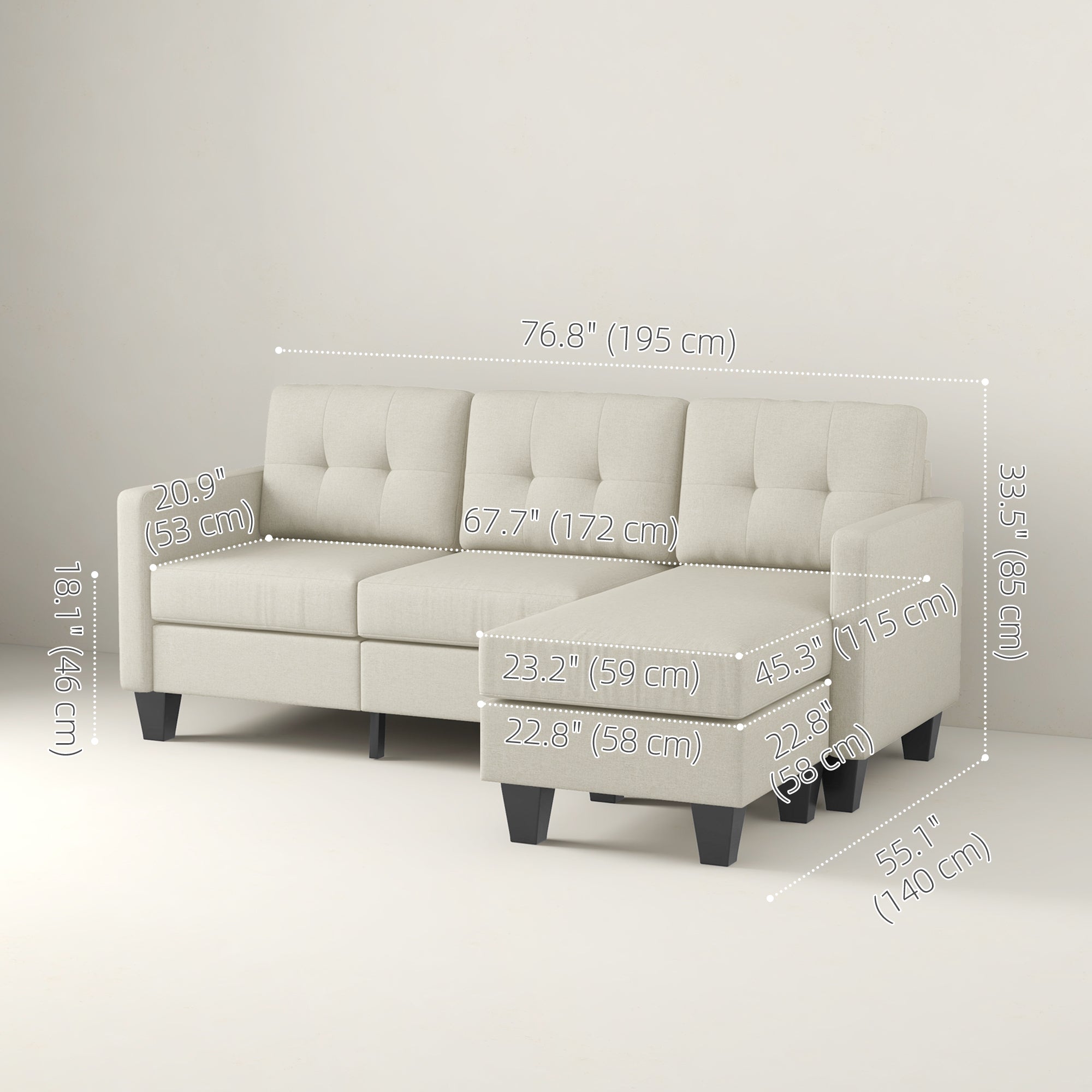 L-shaped Sofa, 3 Seater Sectional Couch with Ottoman, Corner Sofa with Thick Padded Cushion and Wood Legs, Beige 3-Seater Sofas at Gallery Canada