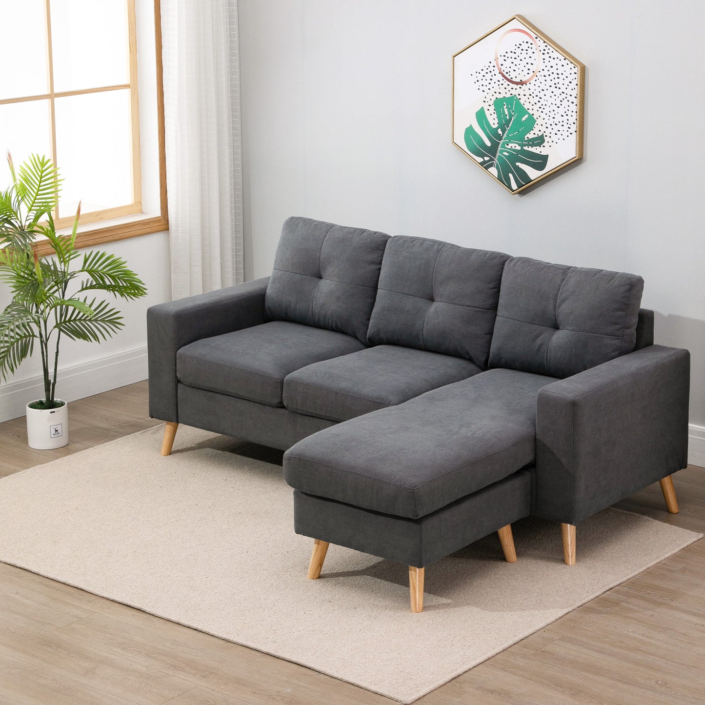 Sectional Sofa Couch, L Shaped Couch with Reversible Chaise, Wooden Legs for Living Room, Bedroom, Dark Grey 3-Seater Sofas   at Gallery Canada