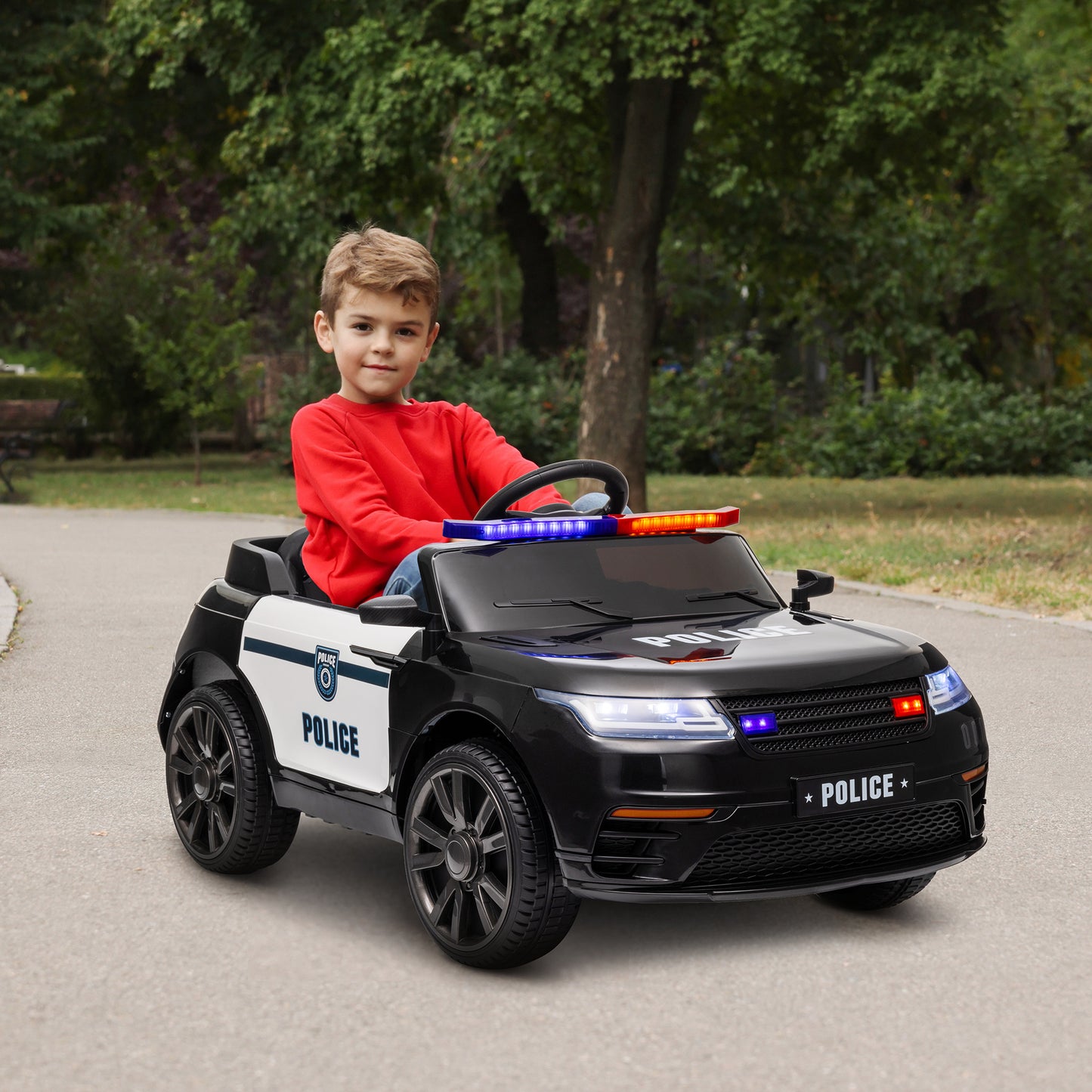 12V Kids Electric Police Car w/ Remote Control, Spring Suspension, Training Wheel, Siren, Music, Light, Horn, Black Electric Toy Cars   at Gallery Canada