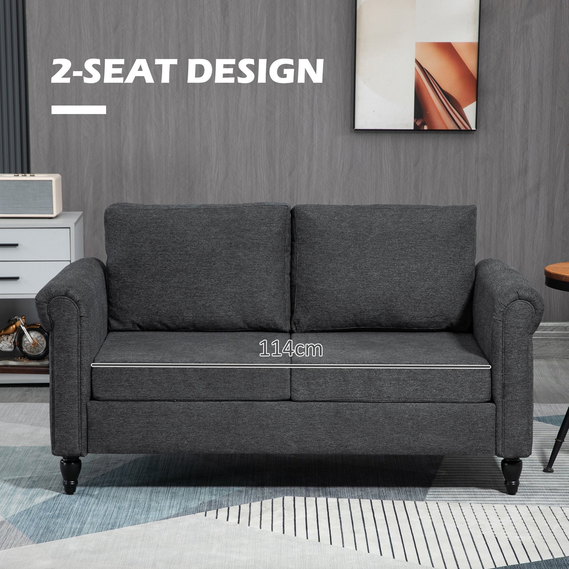 Modern 57.75" Loveseat with Curved Armrests, 2 Cushions, Rubber Wood Legs, Dark Grey 2-Seater Sofas   at Gallery Canada