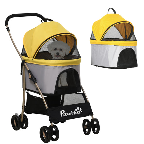 4 Wheels Pet Stroller, 3 in 1 Dog Cat Travel Folding Carrier, for Small Dogs, Detachable, w/ Brake, Canopy, Basket, Storage Bag - Yellow