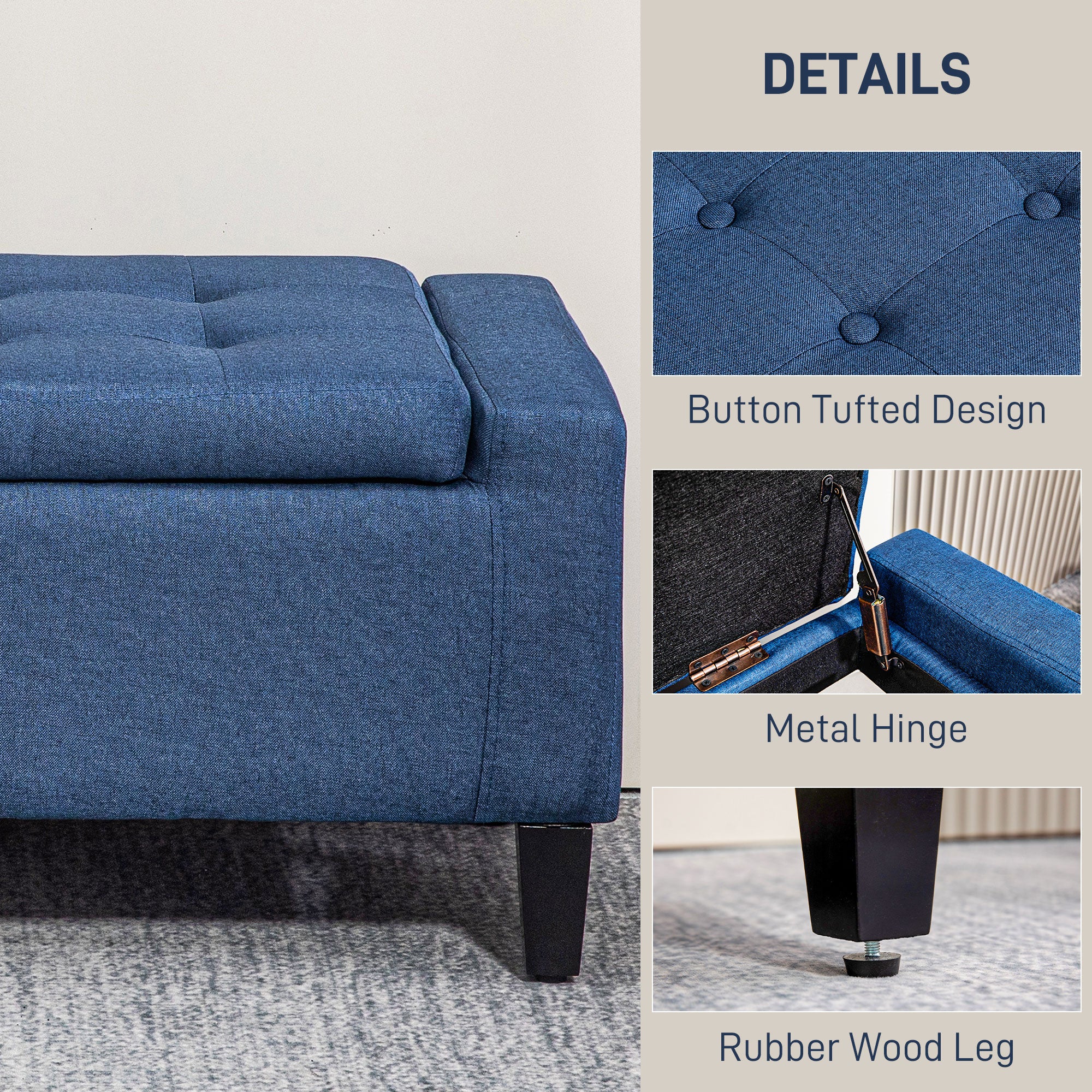 Storage Ottoman Bench, Linen Upholstered Bench with Tufted Design, Dark Blue Storage Ottomans & Benches at Gallery Canada