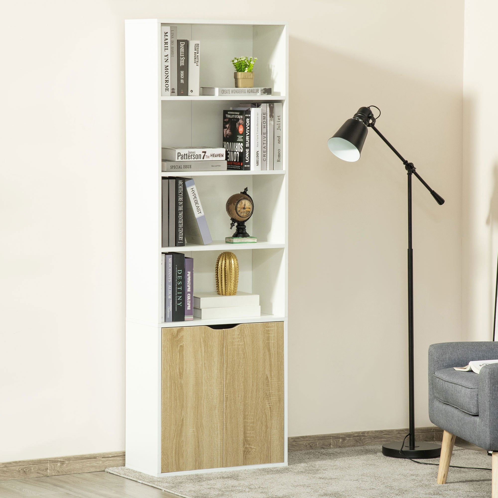 4-Tier Open Bookshelf with Doors Modern Home Office Bookcase Storage Cabinet for Living Room Bathroom Study, Oak White Bookshelves   at Gallery Canada