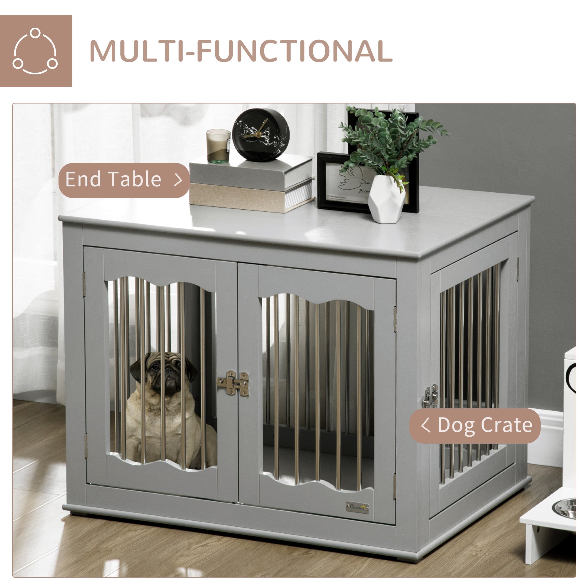 Dog Crate Furniture, Dog Kennel with Three Doors, Locks and Latches, Indoor Use, for Medium Dogs, Grey Houses, Kennels & Pens at Gallery Canada