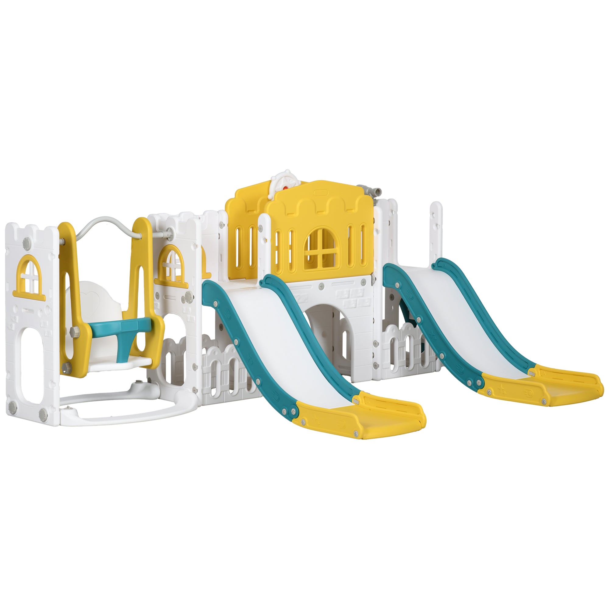 8 in 1 Slide and Swing Set, Baby Swing Set with Basketball Hoop, Climber, Steering Wheel, for Aged 1-3 Years, Yellow Gym Sets & Swings Multi Colour at Gallery Canada