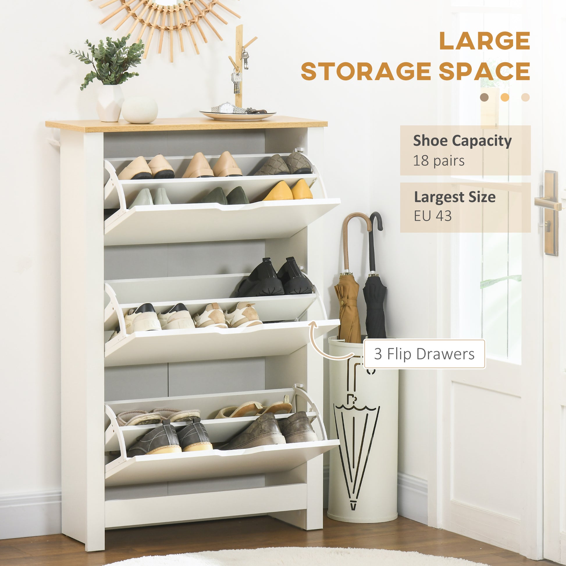 Shoe Storage Cabinet with 3 Flip Drawers and Adjustable Shelves for 18 Pairs of Shoes, White Shoe Storage Cabinets & Racks   at Gallery Canada