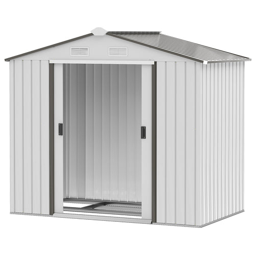 7' x 4.3' x 6.1' Garden Shed Outdoor Metal Tool Storage House w/ Floor Foundation Double Doors Silver