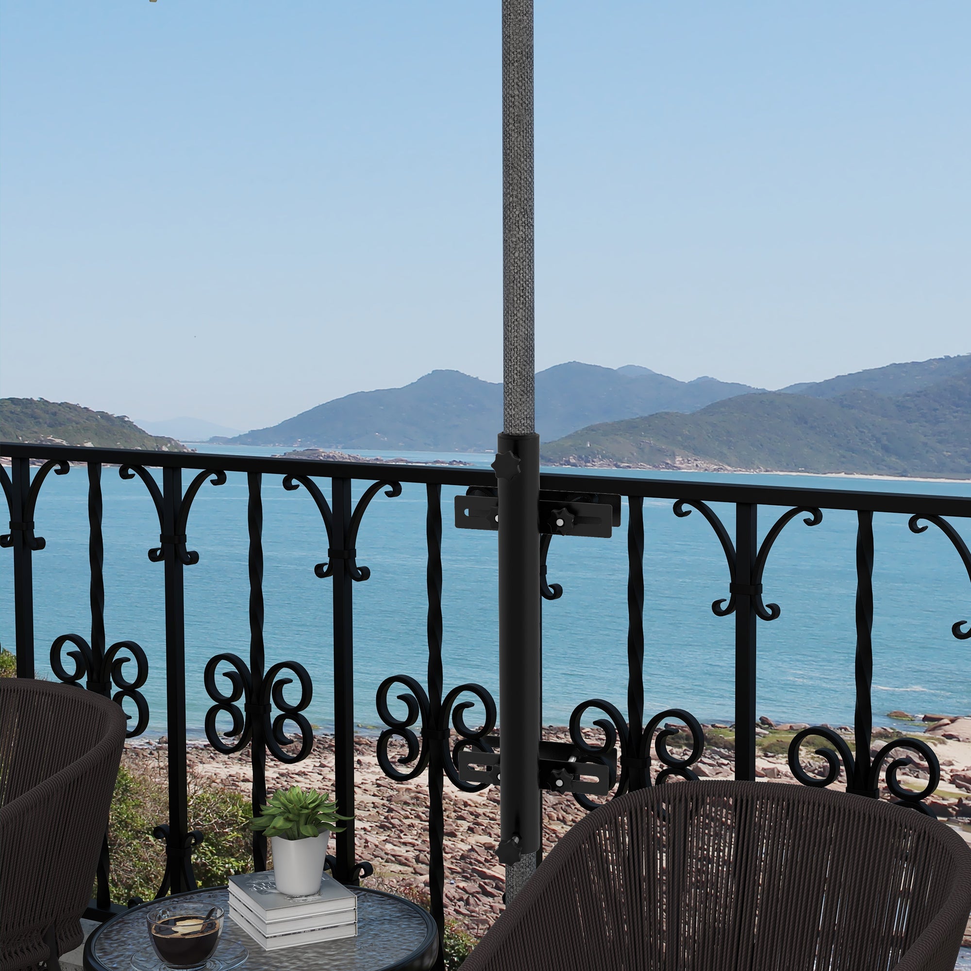 Patio Umbrella Holder Stand for Deck Railing, Umbrella Deck Mount Bracket with Adjustable Clamps, Black Umbrella Bases at Gallery Canada