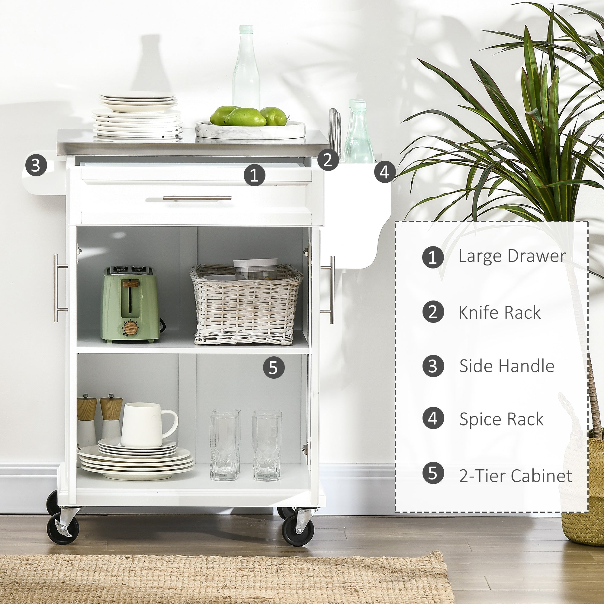 Rolling Kitchen Island, Kitchen Serving Cart with Stainless Steel Table Top on Wheels, White Kitchen Islands & Kitchen Carts   at Gallery Canada