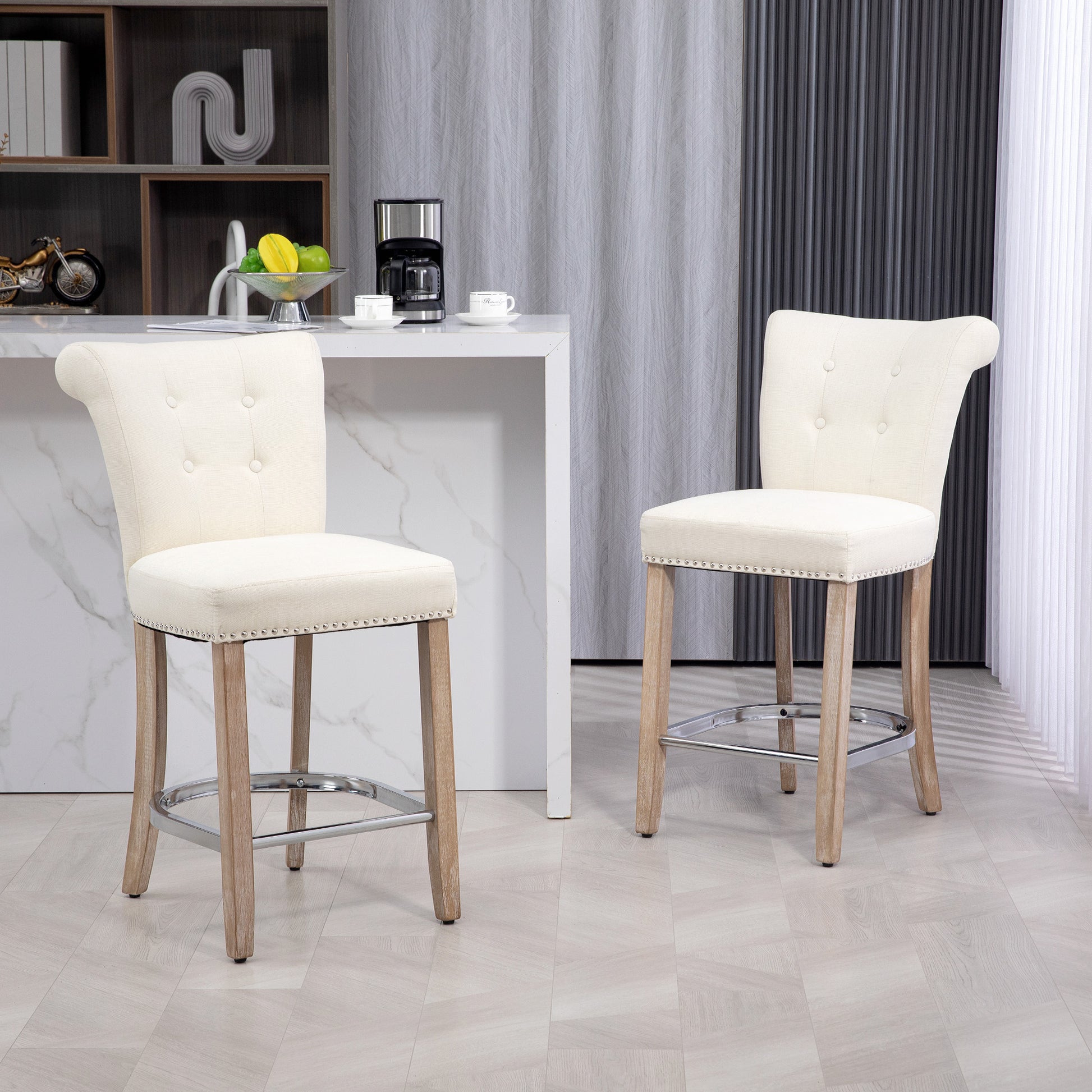 Bar Stools Set of 2, Upholstered Counter Height Stools with Button Tufted Back, Wood Legs and Footrest, Cream White Bar Stools   at Gallery Canada