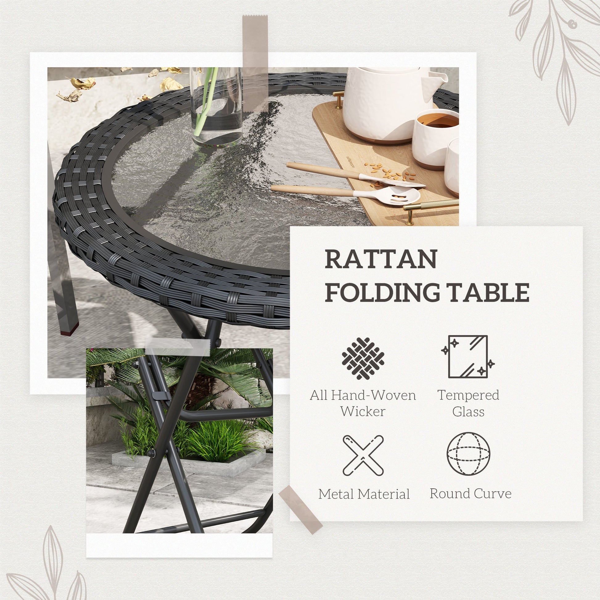 Folding Round Tempered Glass Metal Table with Edging, Black Patio Side Tables   at Gallery Canada