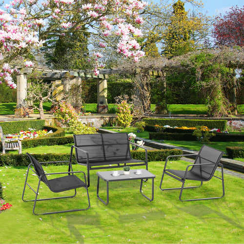 4 PCs Patio Furniture Set with Texteline Seat Outdoor Conversation Set with Loveseat, Center Coffee Table for Garden Backyard Deck, Black