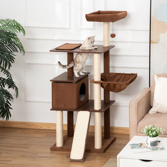 58" Huge Cat Tree Kitty Activity Center Cat Climbing Toy Rest Pet Furniture with Sisal Scratching Post Pad Condo Bed Perch Ladder Hanging Ball Brown Cat Posts Brown  at Gallery Canada