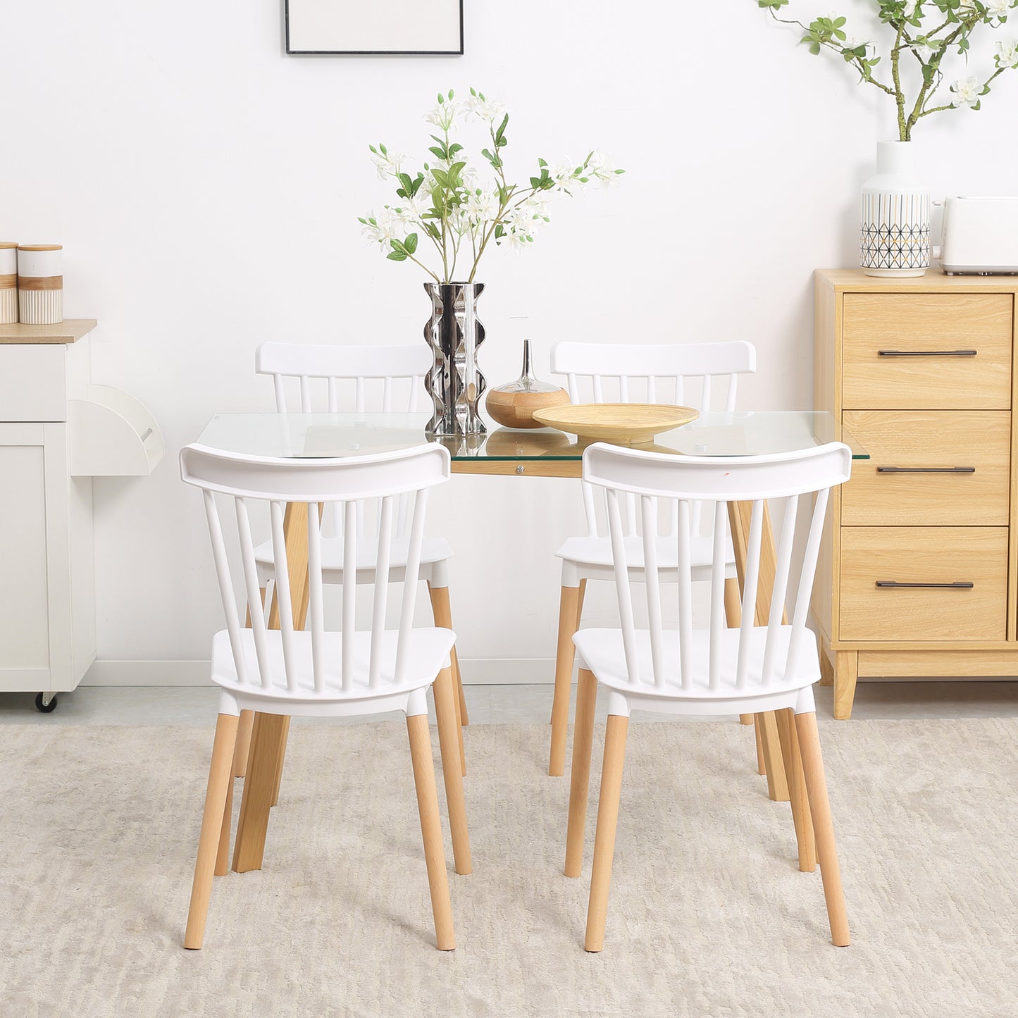 Dining Chairs Set of 4, Modern Kitchen Chair with Slatted Back, PP Seat, Beechwood Legs for Living Room, White Bar Stools   at Gallery Canada