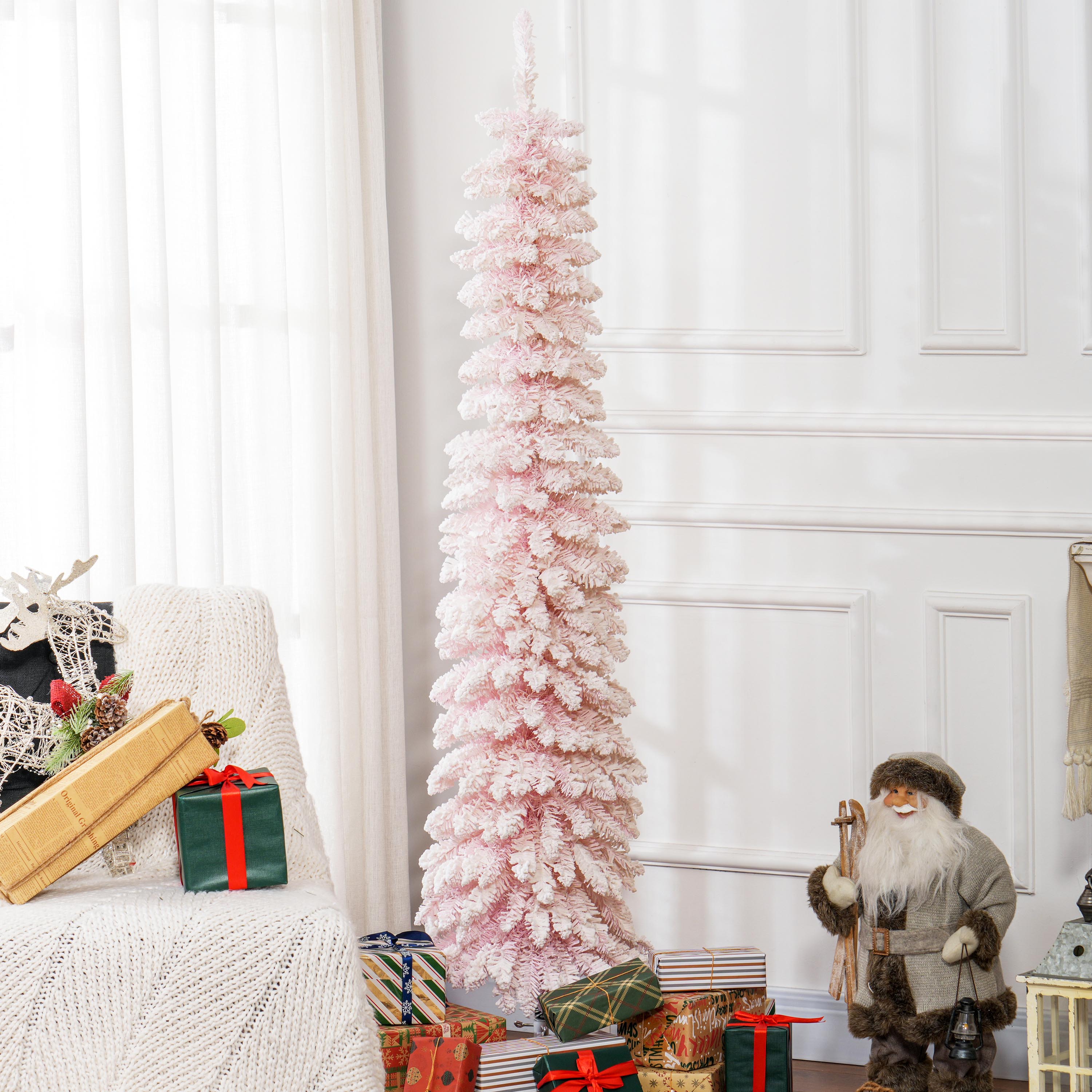 6ft Snow-Flocked Artificial Christmas Tree, Slim Pencil Xmas Tree with 395 Realistic Branches, Metal Base, Pink Pencil Christmas Trees at Gallery Canada