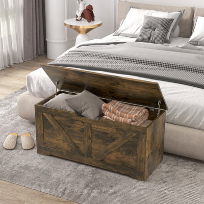 39.4 Inches Storage Chest, Storage Trunk with 2 Safety Hinges, Wooden Toy Box for Living Room, Brown Wood Grain Storage Cabinets   at Gallery Canada