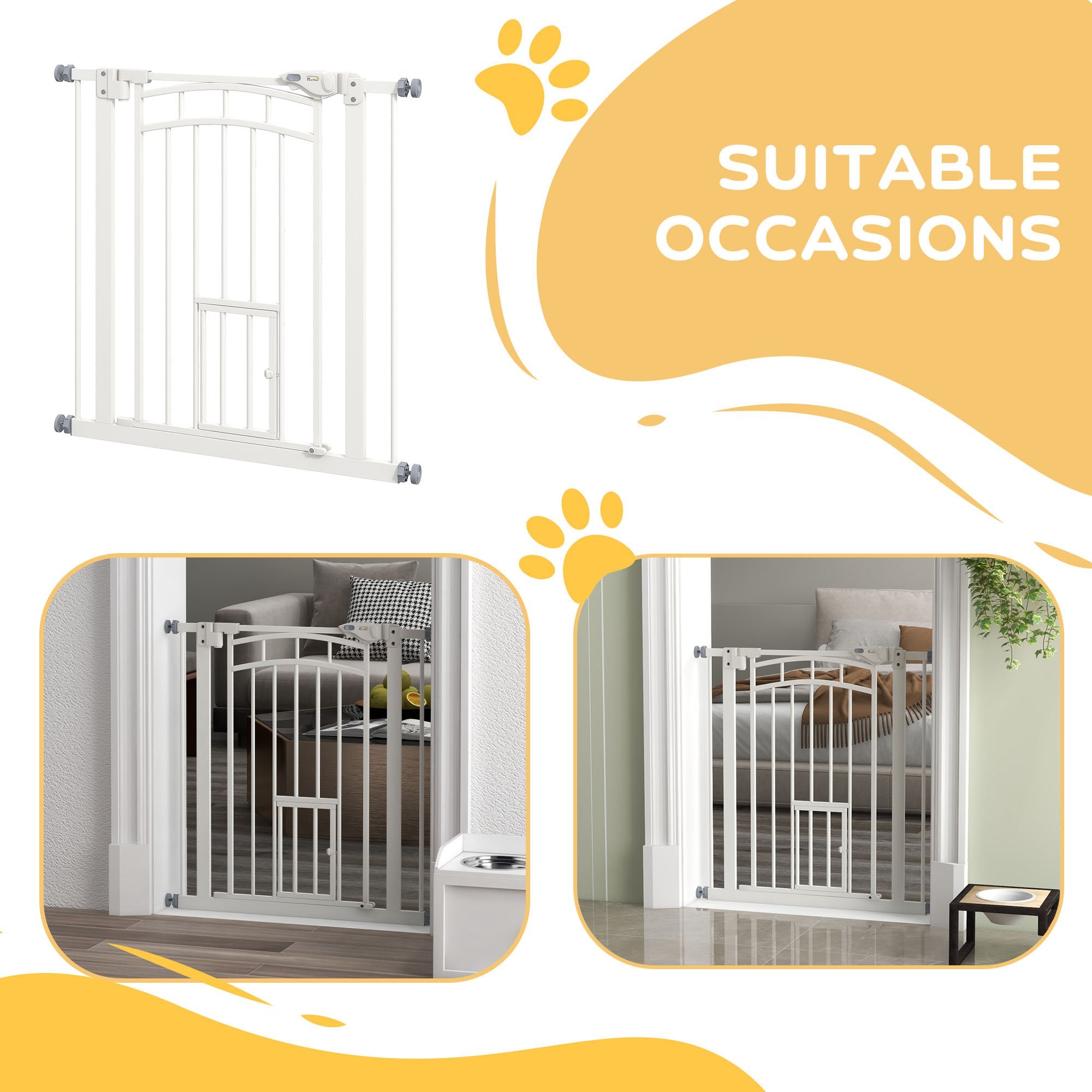 Auto-Close Pet Gate, Stair Gate with Cat Door, Double Locking for Doorways Hallways Stairs, Fits 29