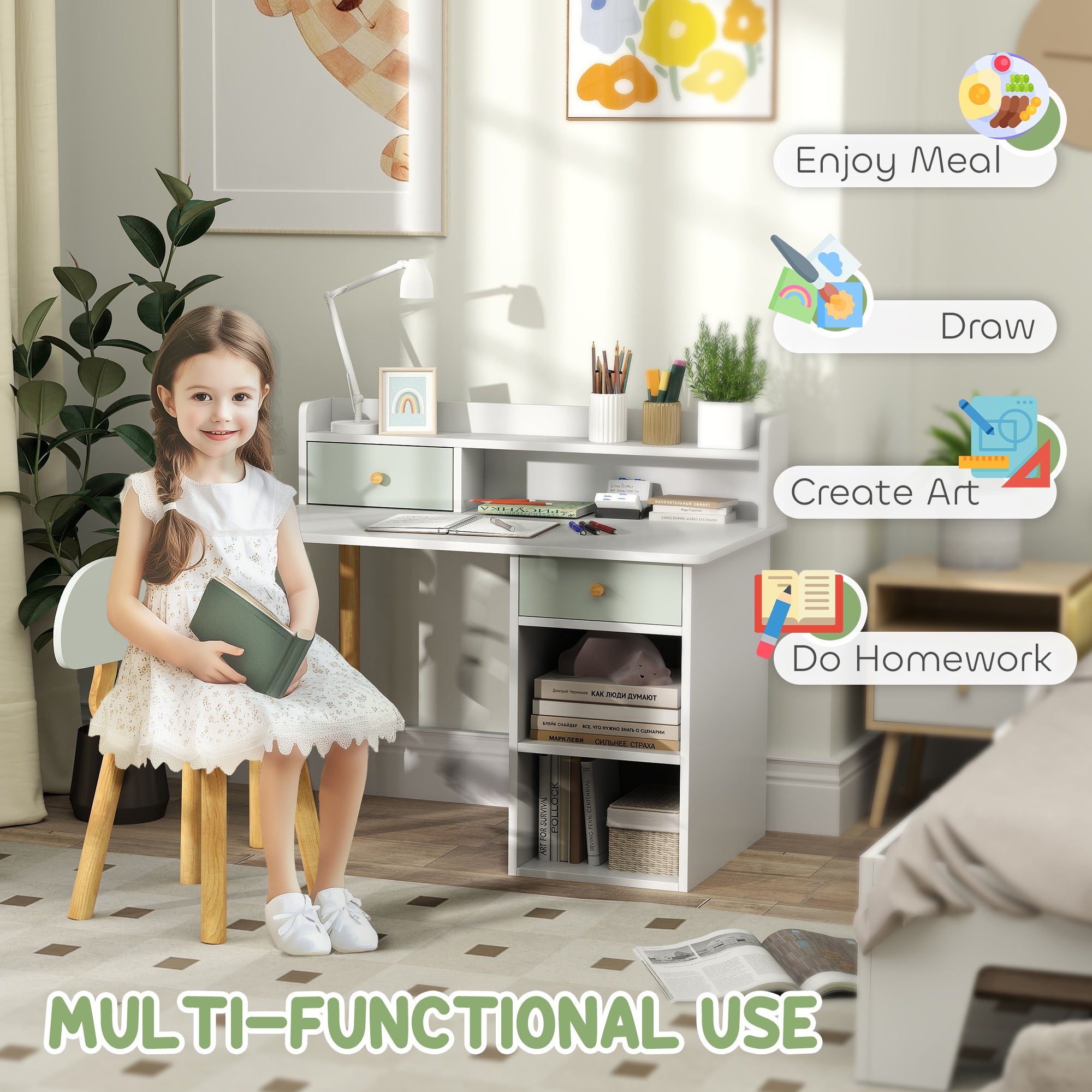 Kids Study Table and Chair Set, Kids Desk and Chair Set w/ Storage and Shelves, for 3-8 Year Old, Green Kids Desk Sets at Gallery Canada