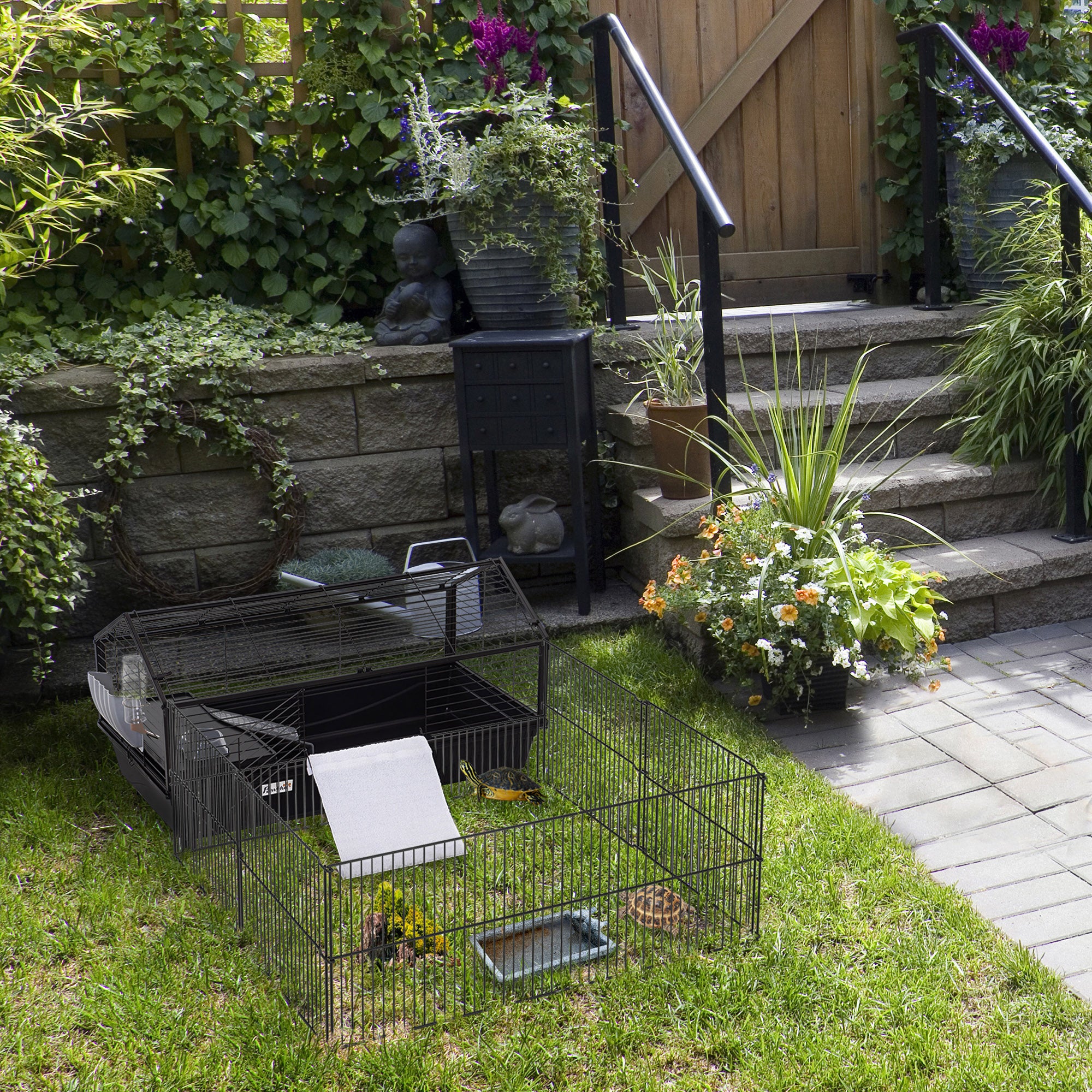 Metal Small Animal Cage, Rabbit Cage for Guinea Pig Chinchilla Hedgehog Bunny with Removable Wheels and Foldable Detachable Run Fence, 34.6