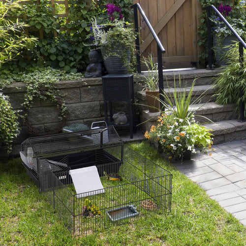 Metal Small Animal Cage, Rabbit Cage for Guinea Pig Chinchilla Hedgehog Bunny with Removable Wheels and Foldable Detachable Run Fence, 34.6