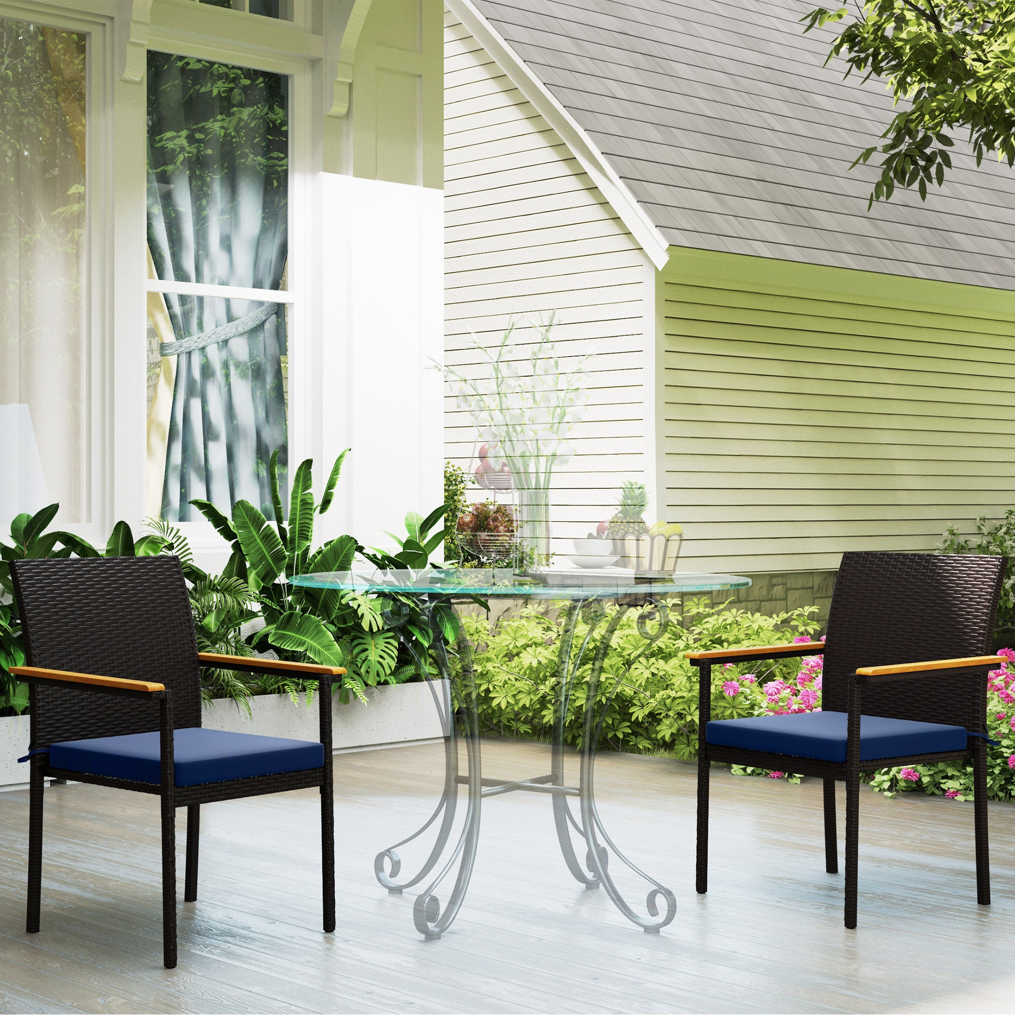 Stackable Wicker Patio Chairs Set of 2 with Removable Cushion, Armrest for Garden, Porch, Yard, Navy Blue Patio Chairs at Gallery Canada