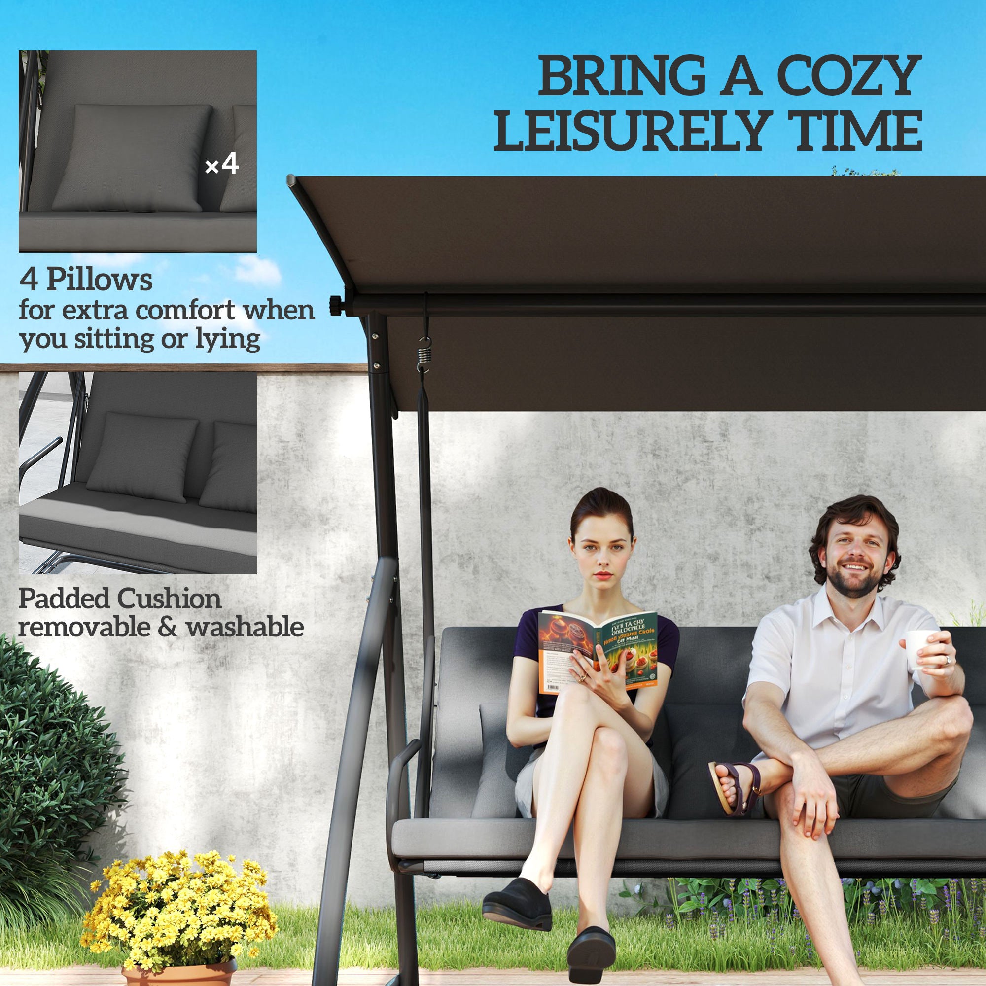 Patio Swing Chair, 3 Person Convertible Hammock, Outdoor Swing Lounge Bed, Cushioned with Tilt Canopy, Dark Grey Porch Swings with Canopy at Gallery Canada
