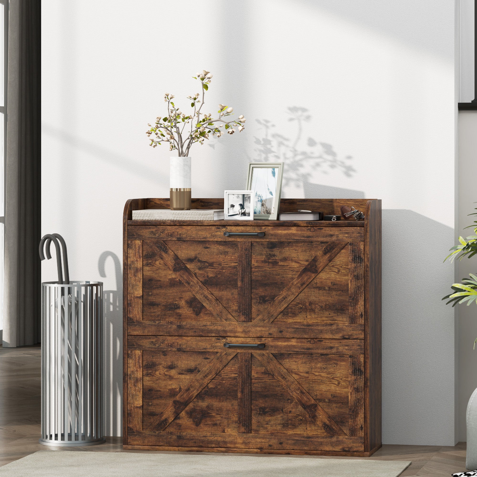 Narrow Shoe Storage Cabinet, Farmhouse Slim Shoe Cabinet with 2 Flip Drawers, Adjustable Shelves, Rustic Brown Shoe Storage Cabinets & Racks at Gallery Canada