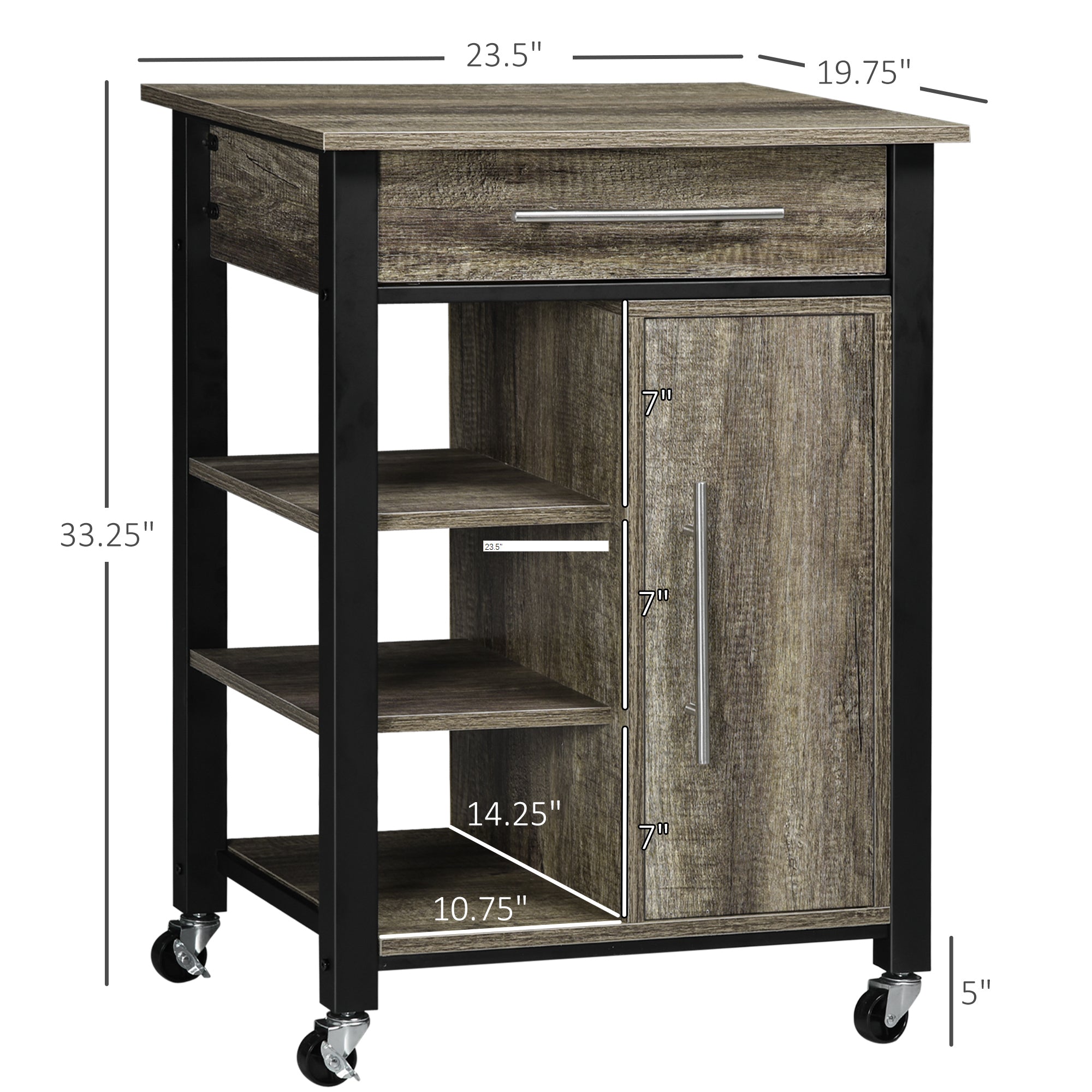 Kitchen Trolley Utility Cart on Wheels with Storage Shelves &; Drawer for Dining Room, Dark Oak Kitchen Islands & Kitchen Carts at Gallery Canada