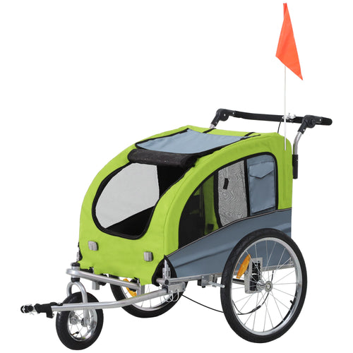 Dog Bike Trailer 2-In-1 w/ Suspension, Hitch, Storage Pockets, Green