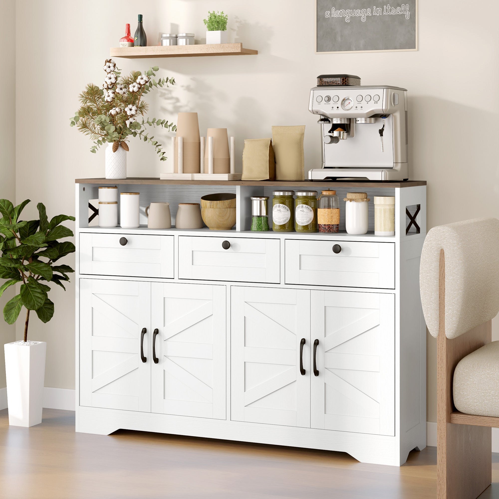 Sideboard, Buffet Cabinet with 4 Barn Doors and 3 Drawers, Coffee Bar Cabinet with Adjustable Shelves, White Storage Cabinets Multi Colour at Gallery Canada