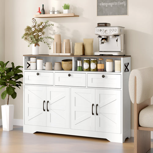 Sideboard, Buffet Cabinet with 4 Barn Doors and 3 Drawers, Coffee Bar Cabinet with Adjustable Shelves, White