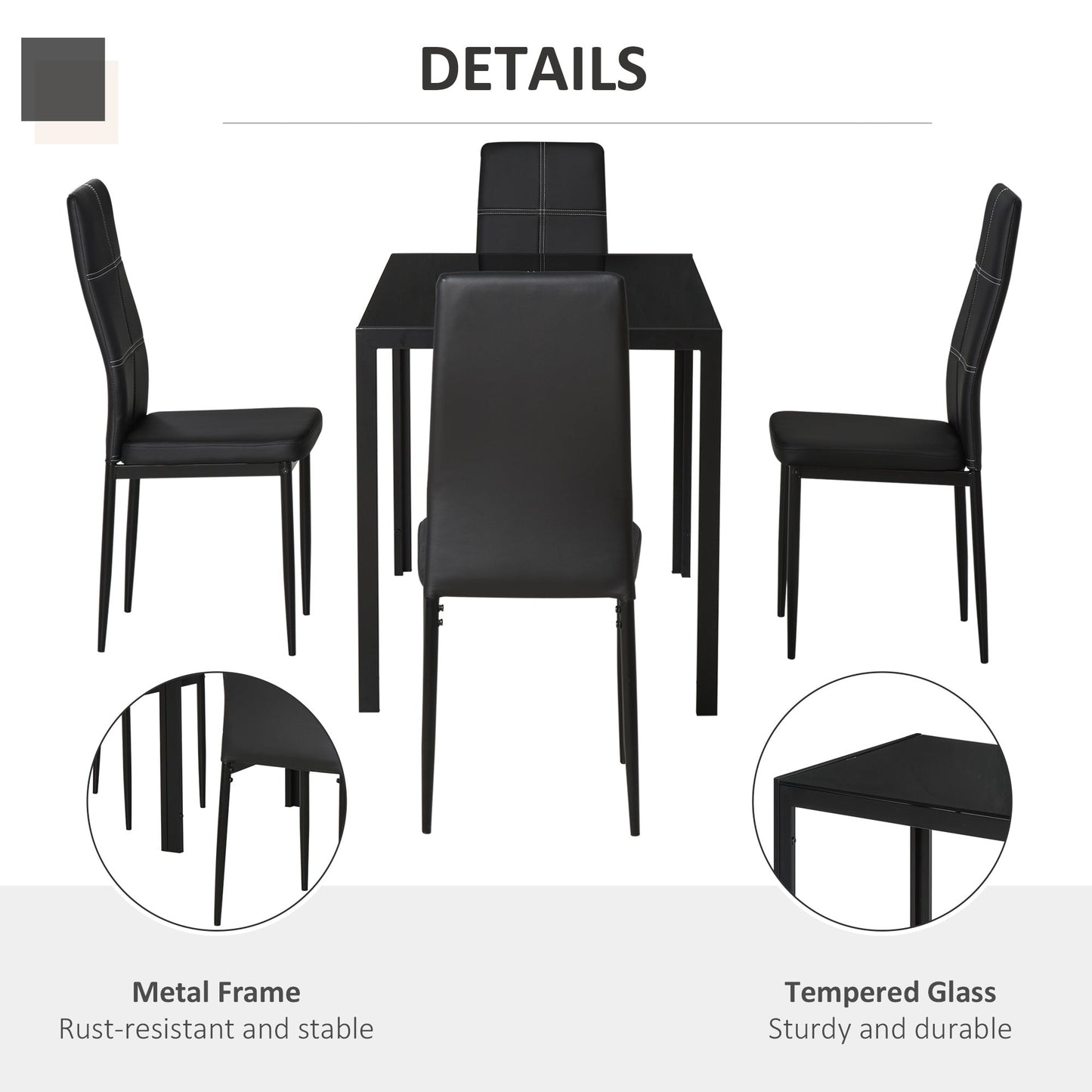 5-Piece Glass Dining Table Set with Faux Leather Chairs, Metal Frame, Black Bar Sets   at Gallery Canada