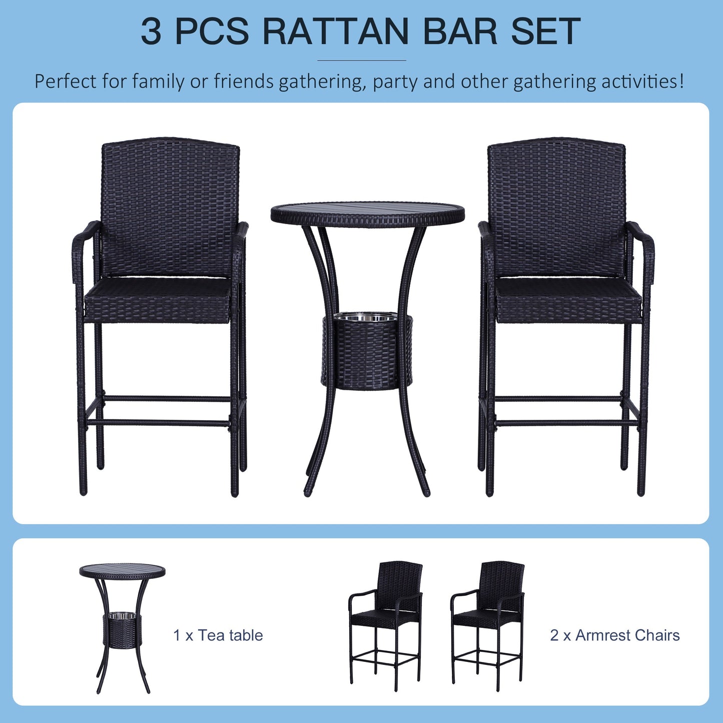 3 Pieces Patio Bar Set Rattan Bistro Table and High Chairs Garden Wicker Outdoor Conversation Furniture w/Ice Bucket Chat Set, Brown Bistro Sets   at Gallery Canada