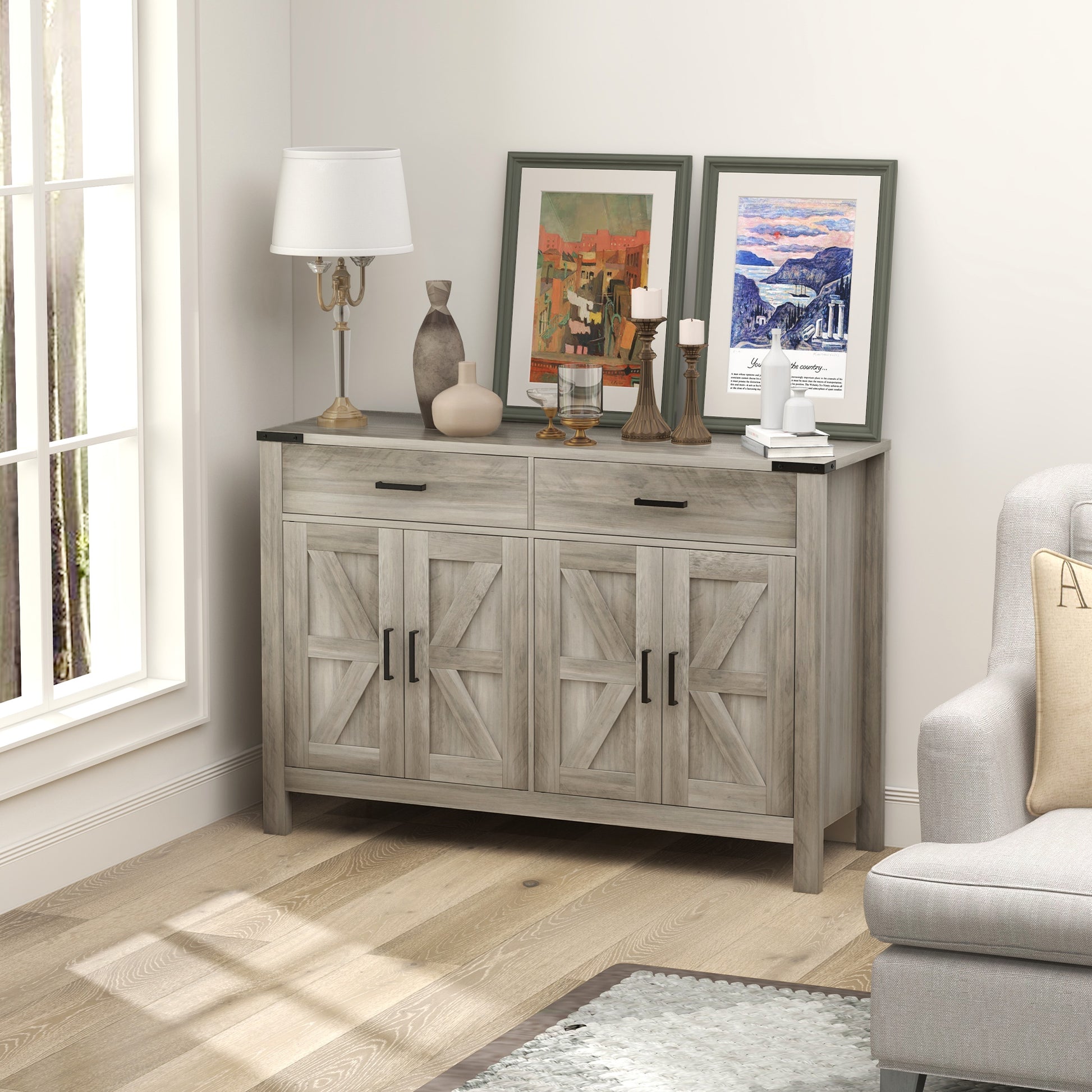 Farmhouse Buffet Cabinet Sideboard with 2 Drawers, 2 Storage Cabinets and Adjustable Shelves, Grey Bar Cabinets   at Gallery Canada