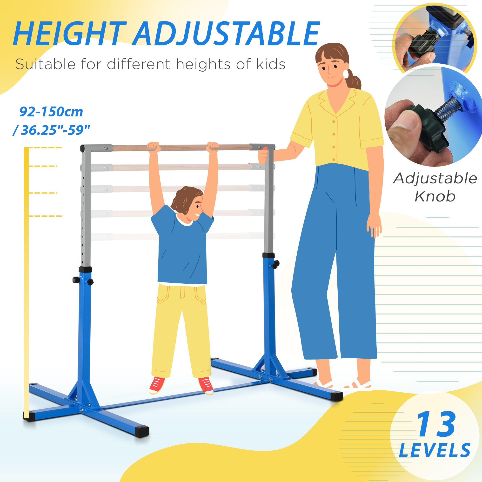 Professional Gymnastics Bar for Kids, Toddler Home Gymnastics Equipment with 13-level Adjustable Height, Blue Baby Gym & Playmats at Gallery Canada