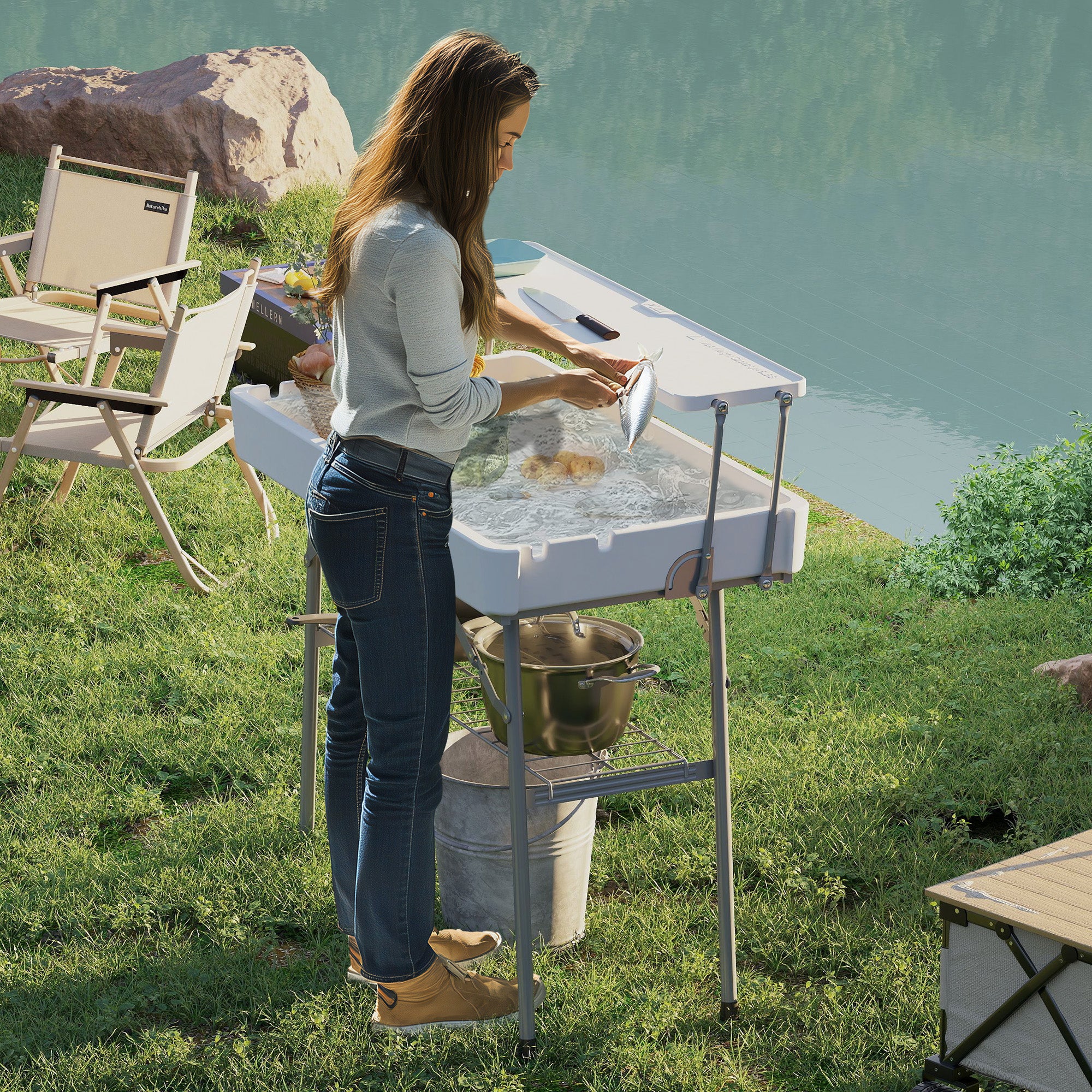3.5ft Folding Ice Cooler Table with Drain, 2-Tier Outdoor Patio Party Cooler, Fishing Cleaning Table with Storage Shelf for Picnic BBQ Camping Wedding, White Picnic Tables & Camping Chairs at Gallery Canada