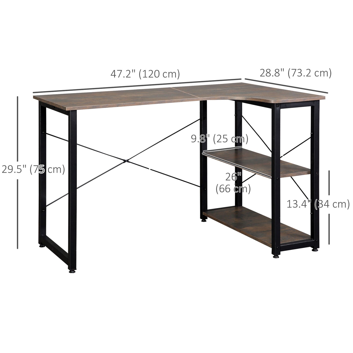 L-Shaped Computer Desk Home Office Corner Desk Study Workstation Table with 2 Shelves, Steel Frame, Charcoal Grey Office Desks & Work Stations   at Gallery Canada