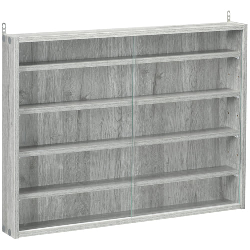 5-Storey Wall Shelf Display Cabinet, Shot Glass Display Case, Glass Curio Cabinet with 2 Glass Doors and 4 Adjustable Shelves, Grey
