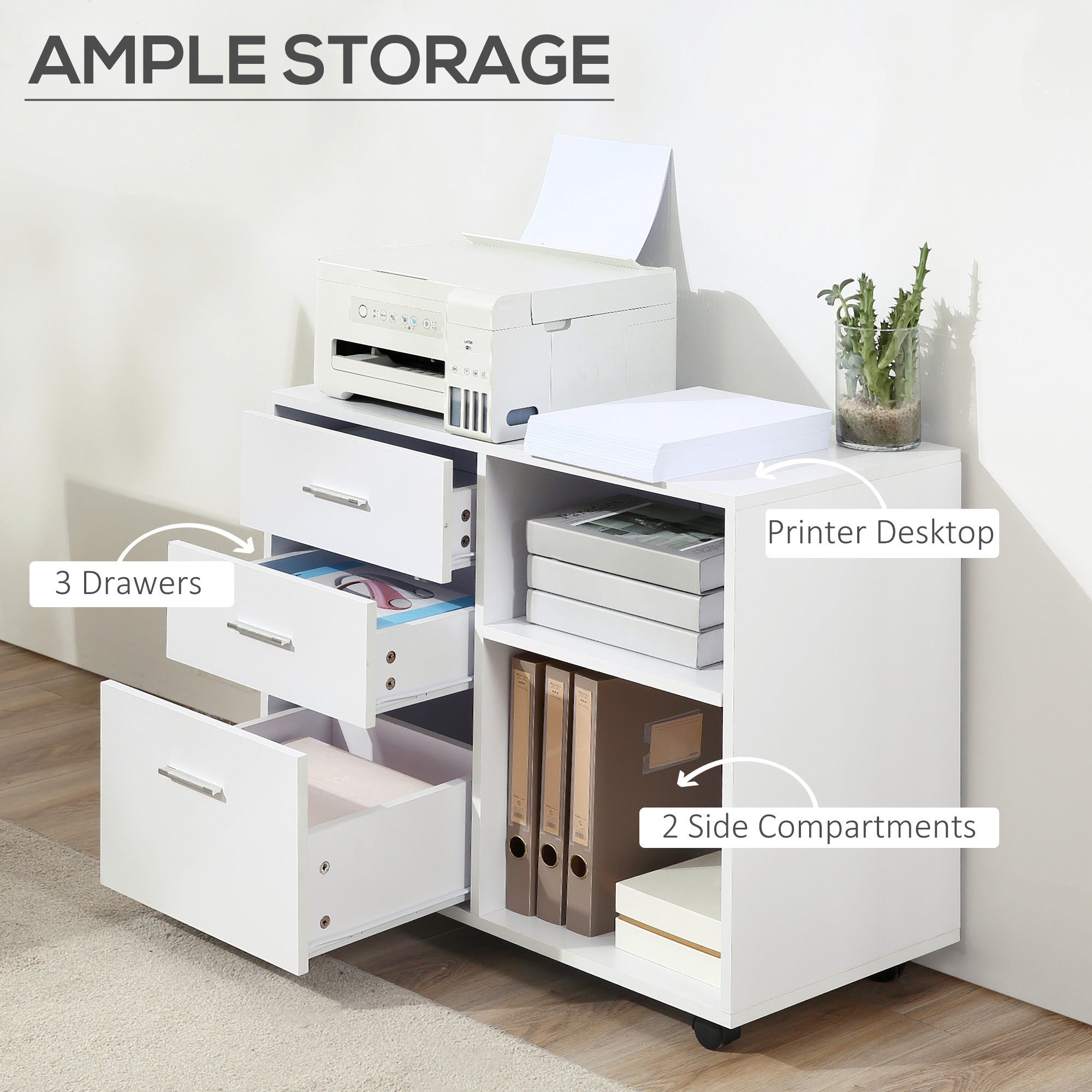 Modern Lateral Filing Cabinet, 3 Drawer File Cabinet for Letter and A4 Size Documents, Mobile, Printer Stand with Open Shelves, Rolling Wheels, White Office Cabinets & Cupboards at Gallery Canada