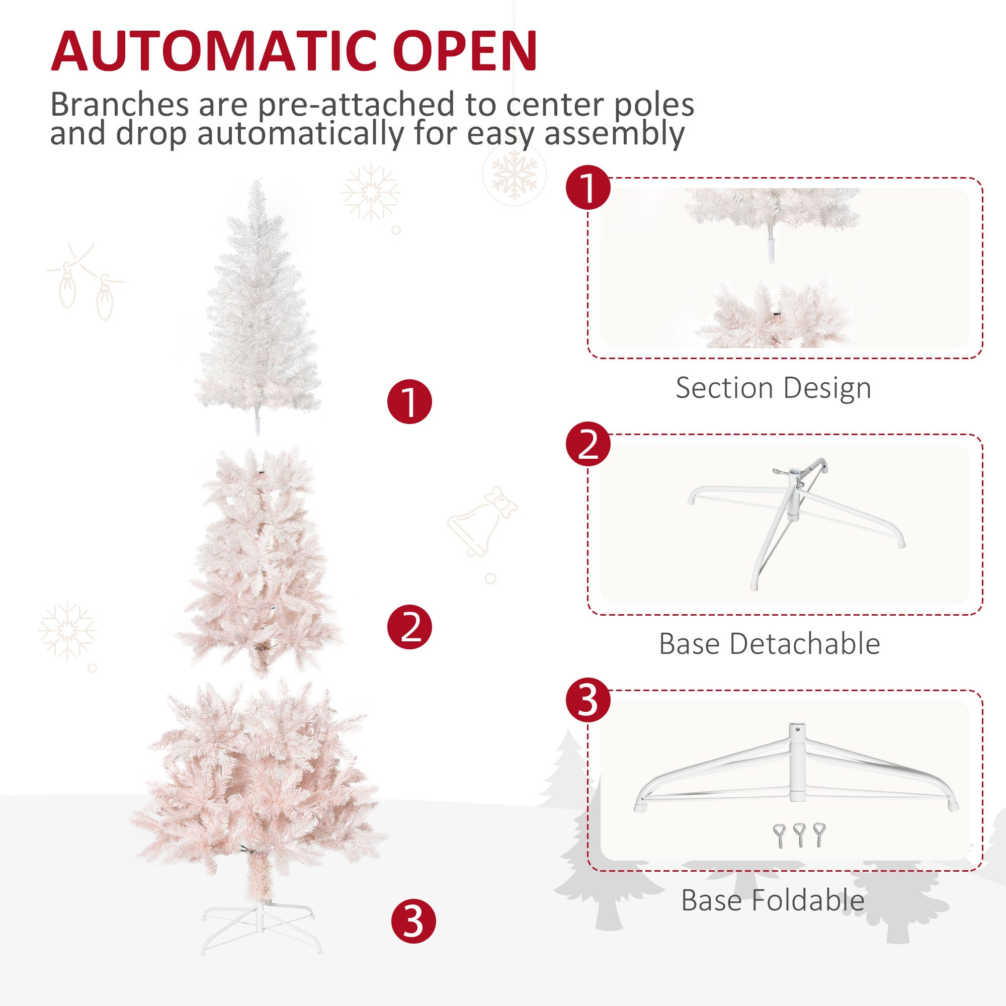 6ft Pencil Artificial Christmas Tree with Pine Realistic Branches, Auto Open, Pink and White Pencil Christmas Trees   at Gallery Canada