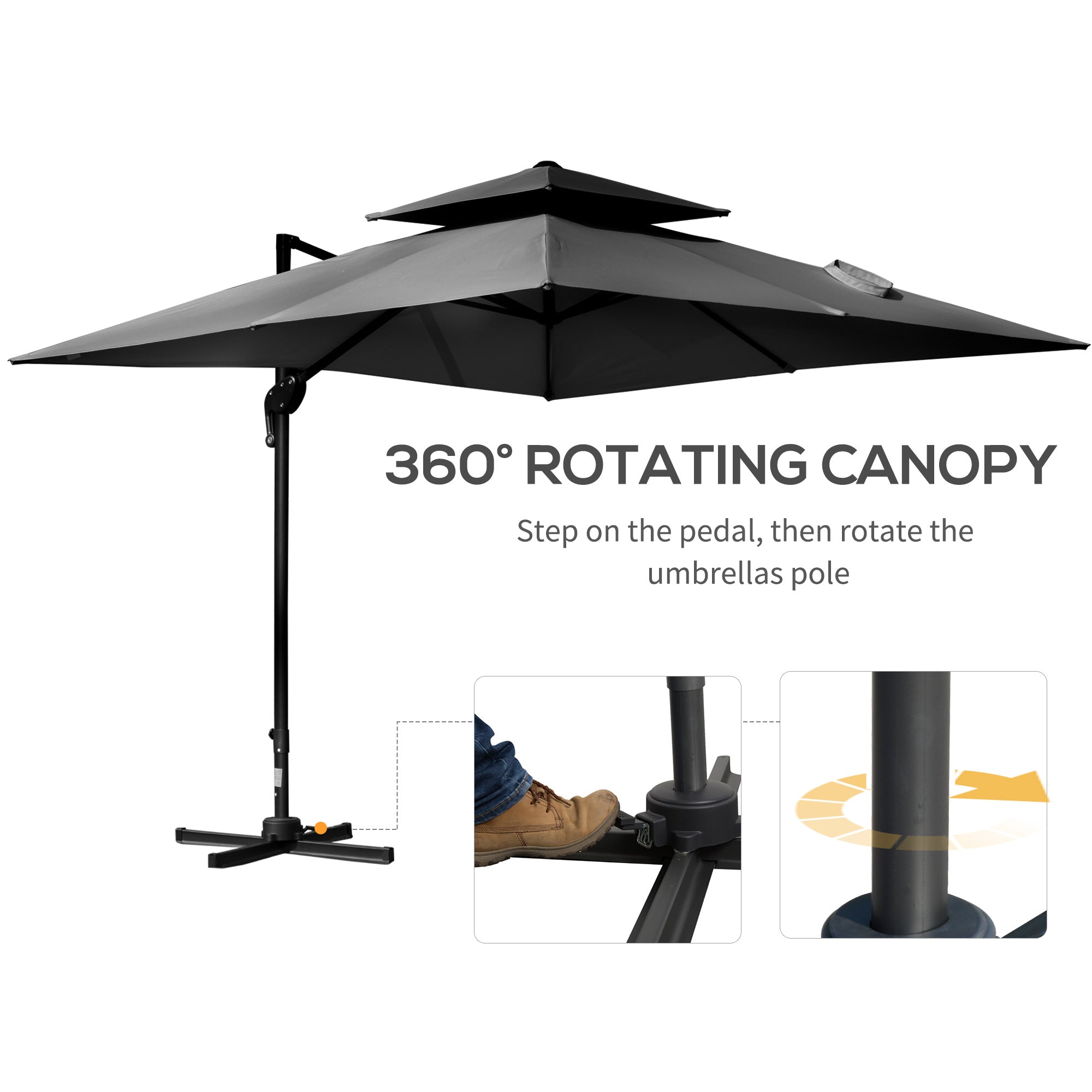 10' x 10' Cantilever Patio Umbrella, Double Top Square Offset Umbrella with 360° Rotation, 5 Adjustable Tilt Angles, Umbrella Cover, Aluminum Pole and Ribs, Charcoal Grey Cantilever Umbrellas at Gallery Canada