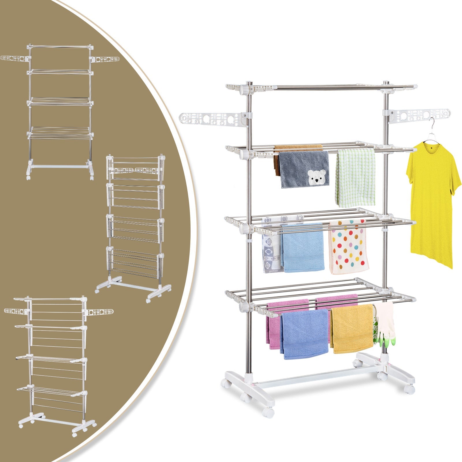 4 Layers Folding Clothes Hanger Stand Dryer Storage Towel Rack Rolling White Bath Accessories   at Gallery Canada