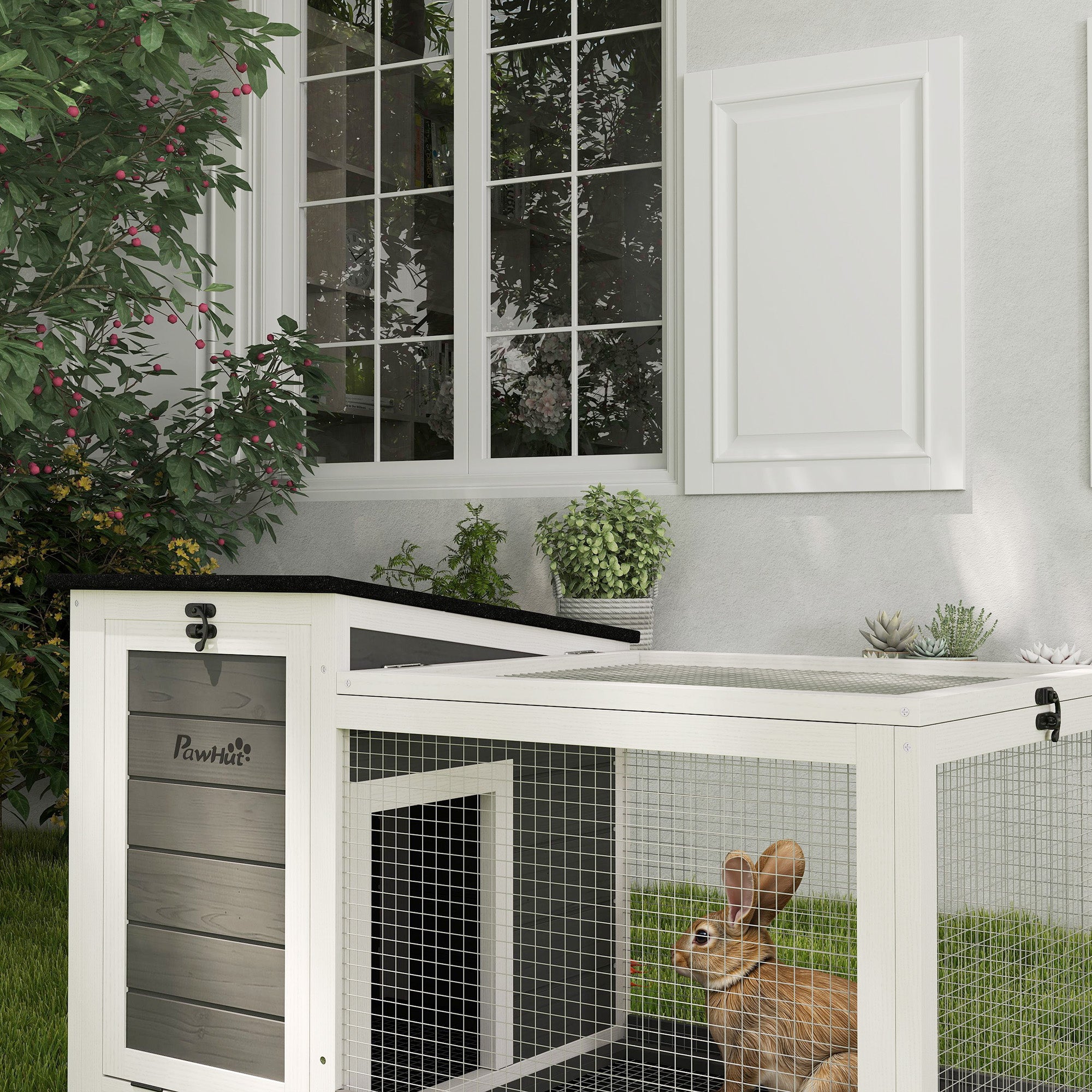 Wooden Rabbit Hutch with Pull-Out Tray, Asphalt Openable Roof, Small Animal Cage on Wheels with Run, Grey Rabbit Hutch at Gallery Canada
