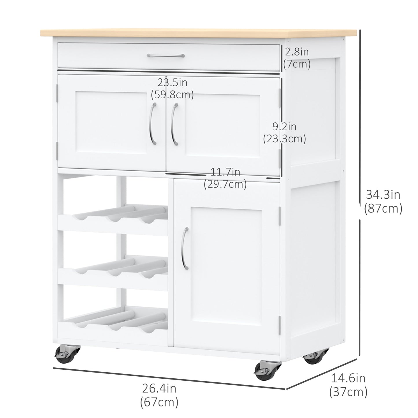 Rolling Kitchen Cart, Kitchen Island with Storage Drawer, 9-bottle Wine Rack, Door Cabinets, Wooden Countertop, White Kitchen Islands & Kitchen Carts White  at Gallery Canada