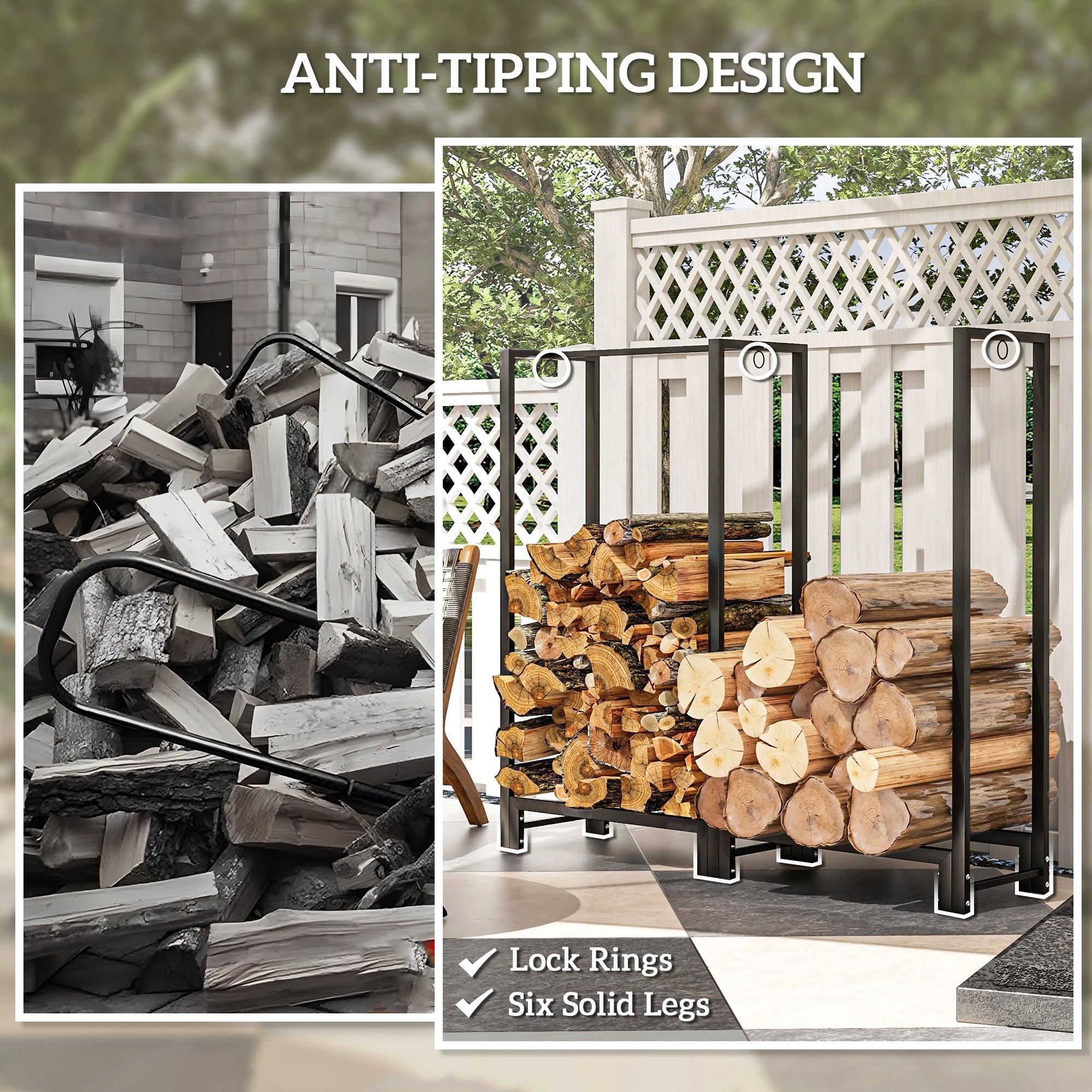 4ft Firewood Rack with Dual Space and Lock Rings, Steel Log Holder for Outdoor Indoor, Black Firewood Racks   at Gallery Canada