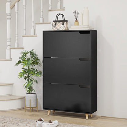 Slim Shoe Storage Cabinet with 3 Flip Drawers and Adjustable Shelves, Shoe Cabinet for 18-24 Pairs, Black Shoe Storage Cabinets & Racks   at Gallery Canada