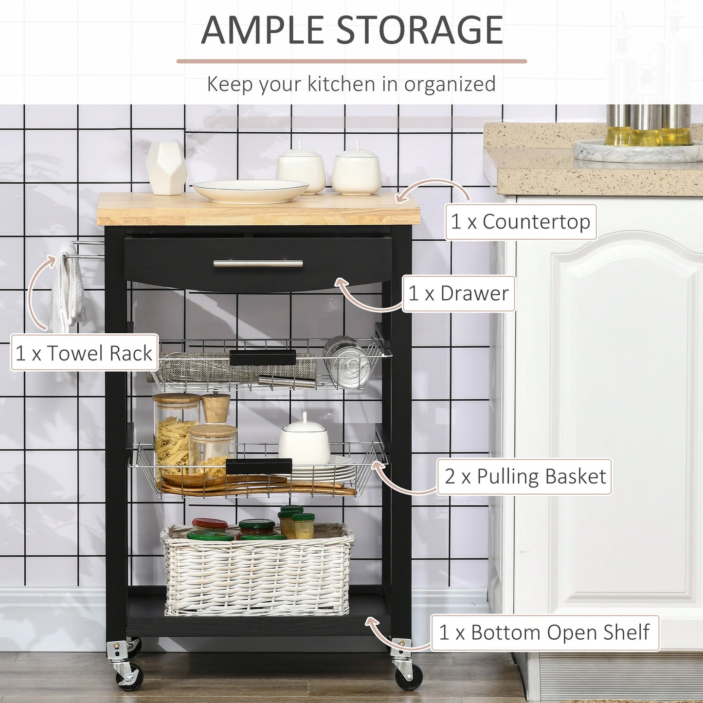 3-Tier Utility Kitchen Cart with Handle Bar, Steel Basket Rolling Kitchen Island, Food Storage Service Trolley with Wheels, Rubber Wood Top, Black Kitchen Islands & Kitchen Carts   at Gallery Canada