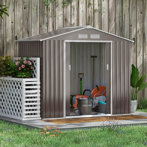 7' x 4' x 6' Garden Storage Shed Outdoor Patio Metal Tool Storage House w/ Foundation Kit and Double Doors Light Brown
