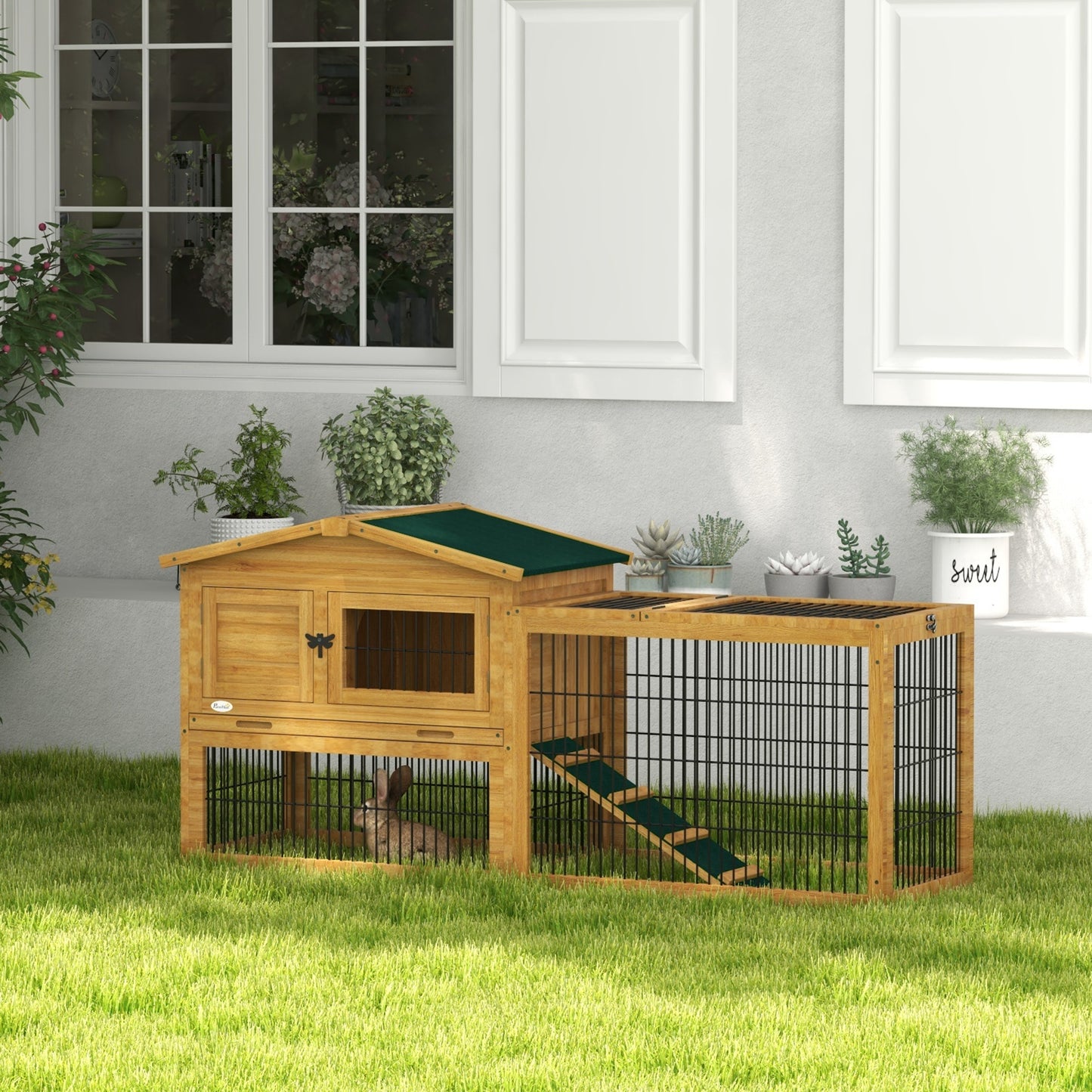 Wood Rabbit Hutch w/ Ramp, Openable Roof, Pull-out Tray, Yellow Rabbit Hutch   at Gallery Canada